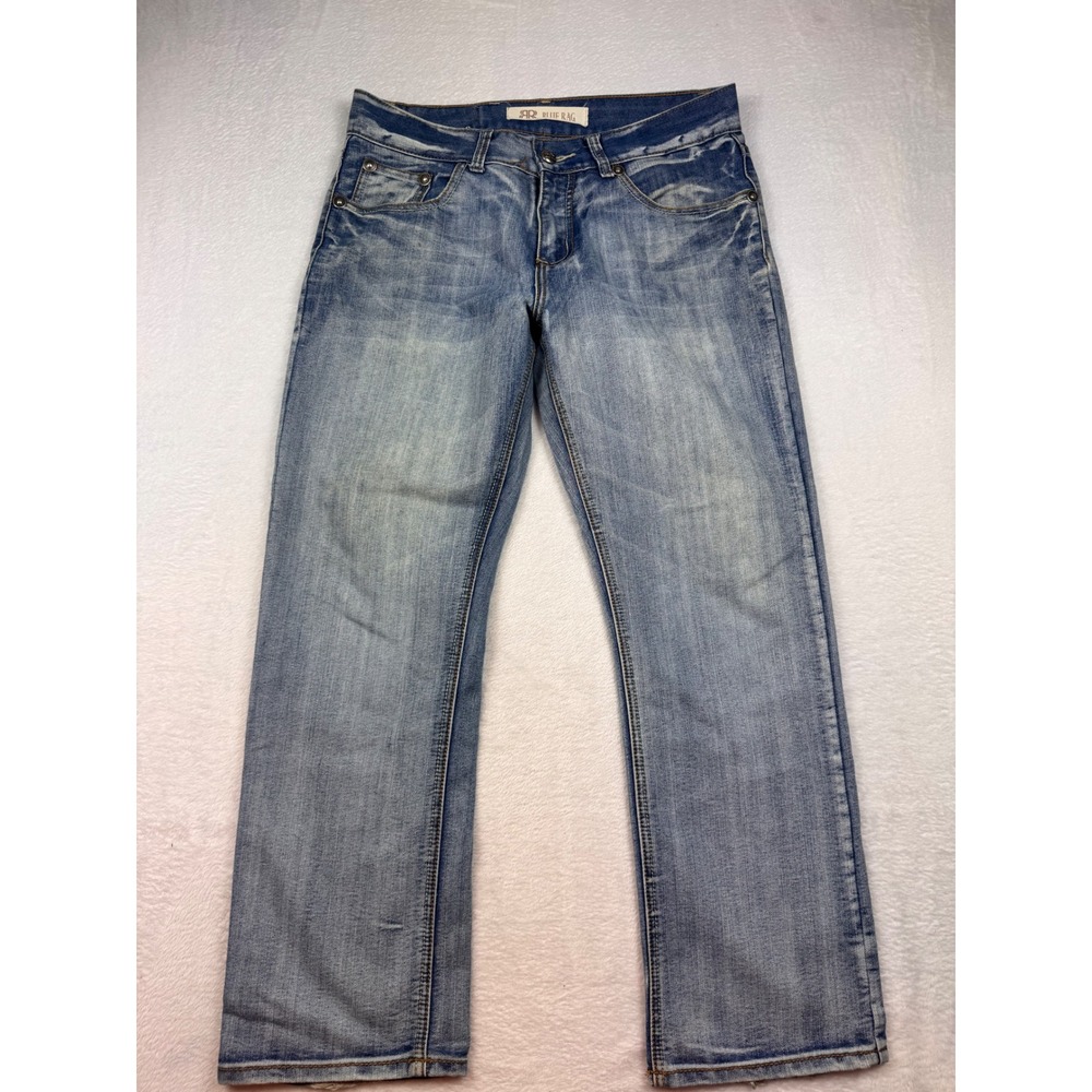 Blue Rag Mens Light Wash Straight Leg Distressed Denim Jeans 32x30 Whiskered